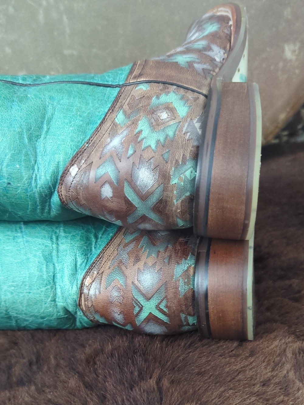 TIN HAUL "Painted Warrior" teal green/blue & brown Aztec square toe boots sz 9.5 - Picture 13 of 16